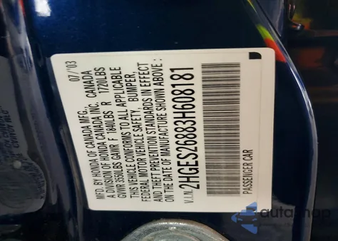 2003 Honda Civic Ex z USA, uszkodzony, nr VIN 2HGES26883H608181